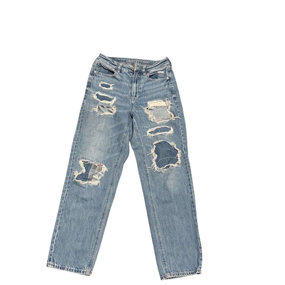 American Eagle Distressed & Patched Mom Jeans Size 4 Grunge Boho